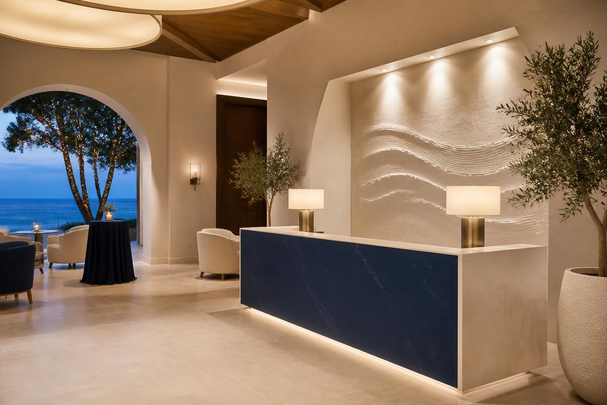 Recepción de evento corporativo con diseño mediterráneo elegante